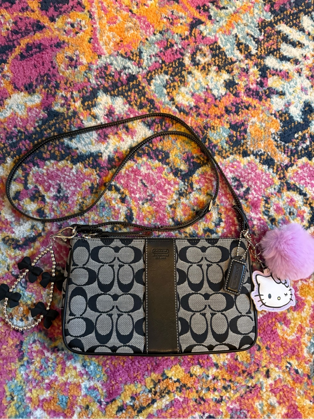 Coach Black and Gray Signature Y2K Jacquard Crossbody with Pom Charm